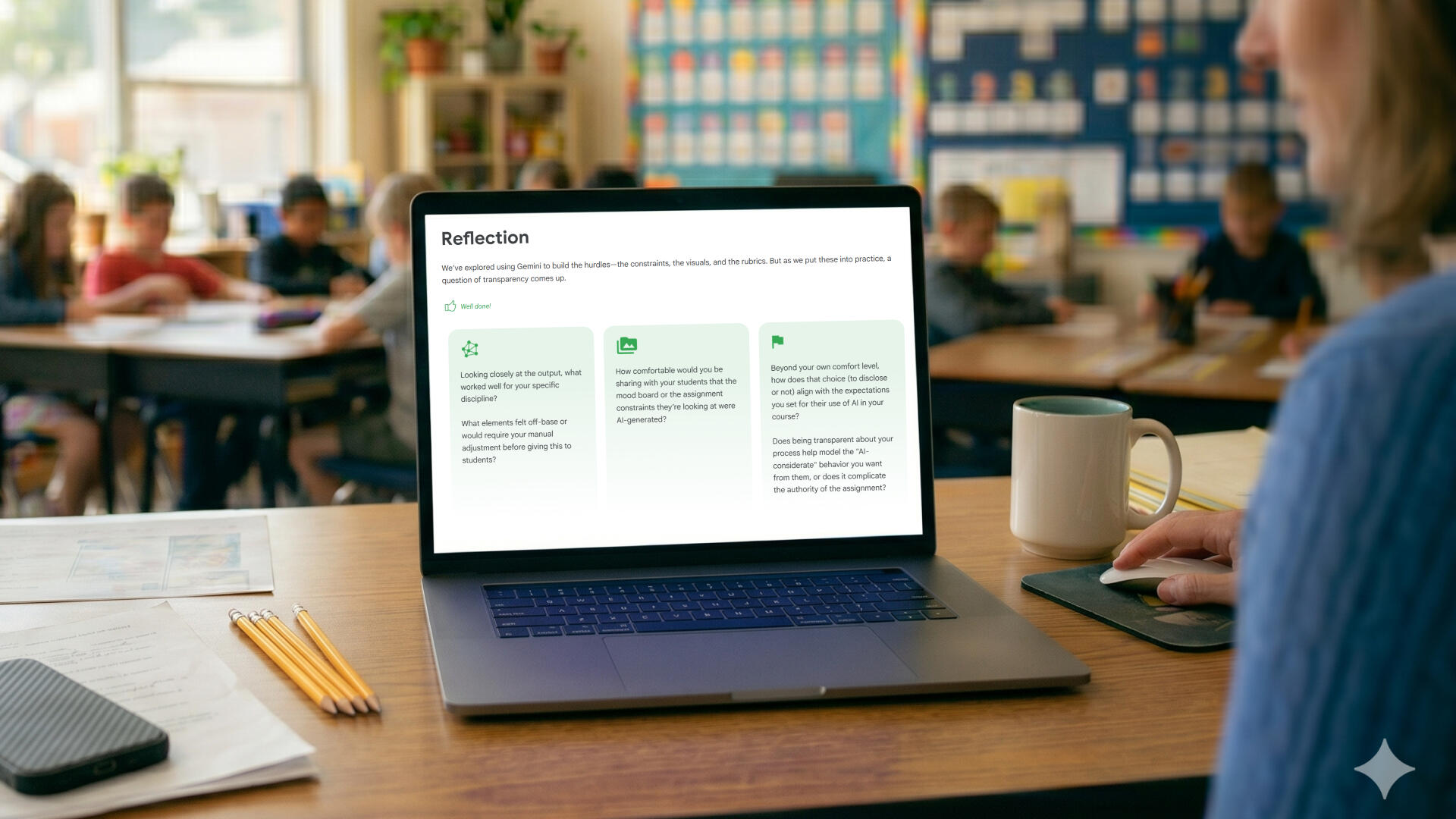 Teacher at her classroom desk with the course reflection on the laptop screen.